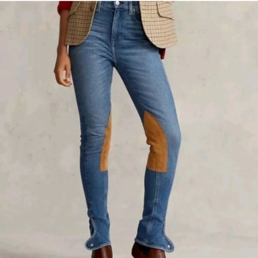 Ralph Lauren Light Blue Skinny Jeans with Tan Knee Patches - Picture 3 of 15